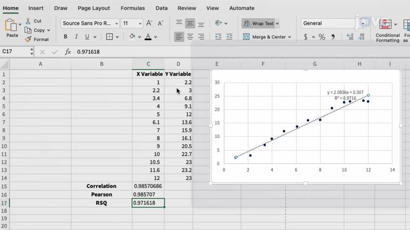 Microsoft Excel: Pearson's Correlation