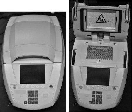figure-protocol-61821 PCR thermocycler for DNA amplification; displays closed and open views in lab setup.