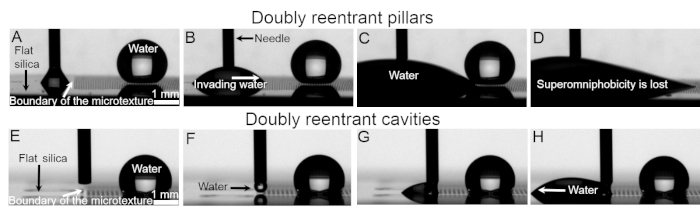 Rendering SiO2/Si Surfaces Omniphobic by Carving Gas-Entrapping  Microtextures Comprising Reentrant and Doubly Reentrant Cavities or Pillars